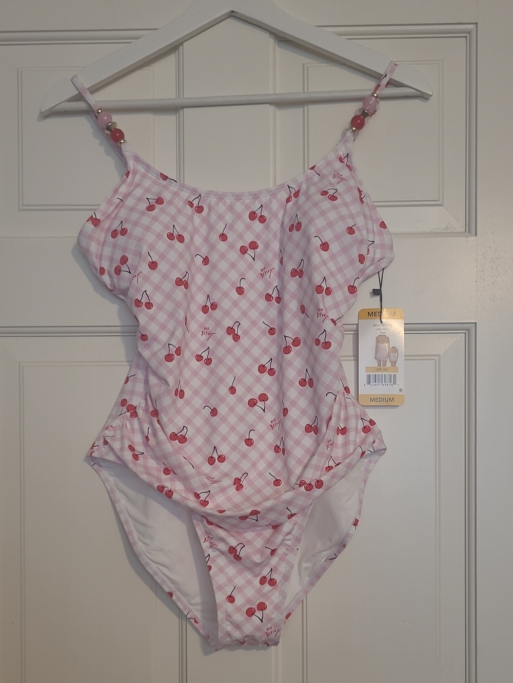 Betsey Johnson Pink & Red Cherry Print One-Piece Swimsuit With Sarong